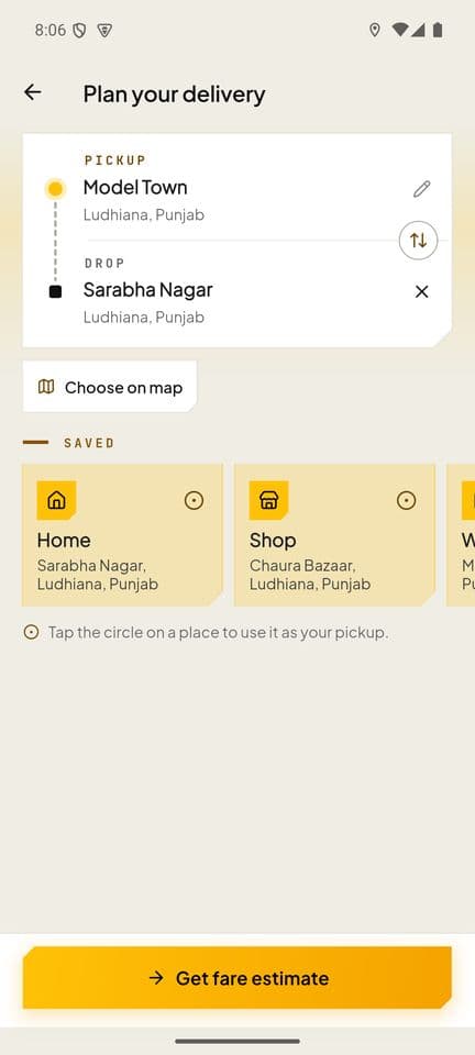 Customer app: Plan your delivery, with a pickup, a drop and saved places